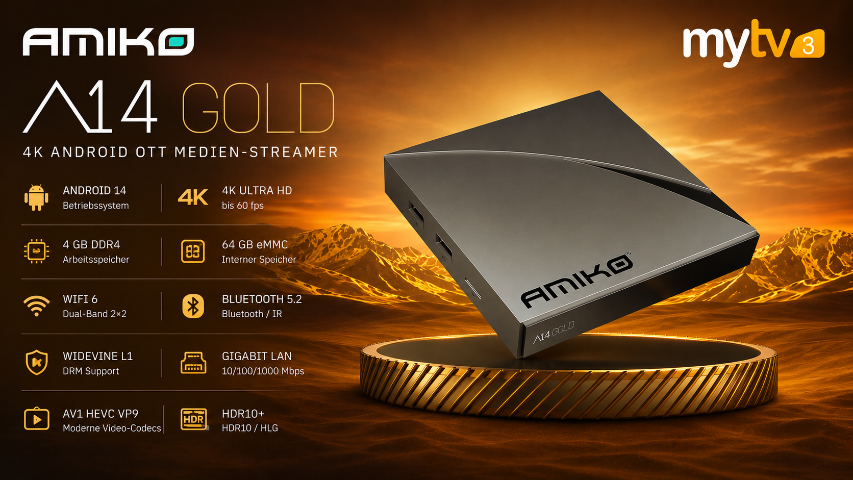 Amiko A14 Gold Amiko A14 Gold 4K Android OTT Medien-Streamer mit Android 14, WiFi 6 und 64 GB Speicher