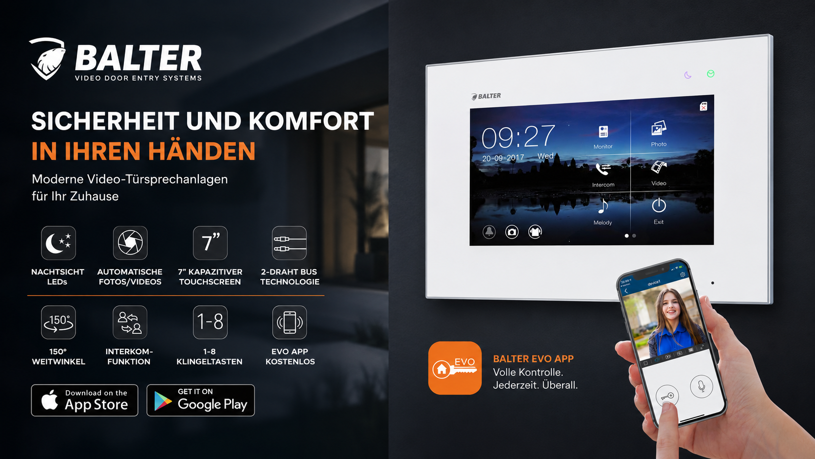 Balter Video-Türsprechanlagen Balter Video-Türsprechanlage mit 7-Zoll-Touchscreen und Smartphone-App auf dunklem Hintergrund