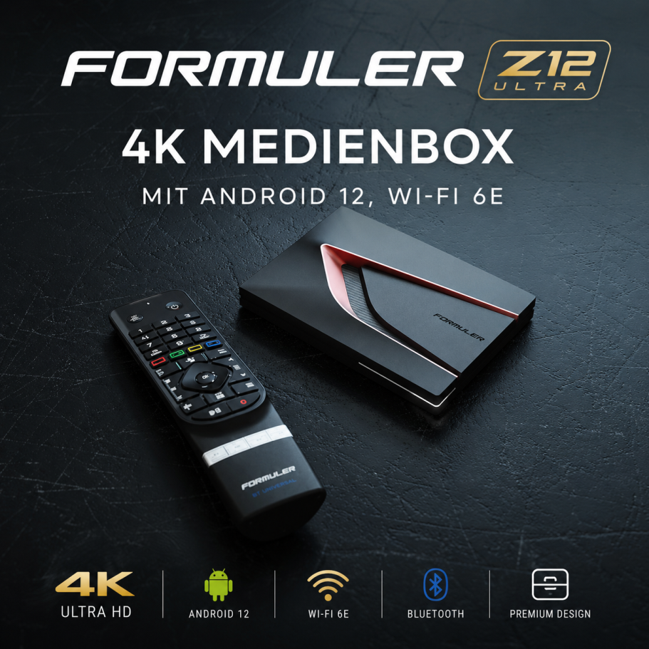 Formuler Z12 Ultra – 4K Medienbox mit Android 12 Formuler Z12 Ultra 4K Medienbox mit Android 12 und Wi-Fi 6E, inklusive Fernbedienung.